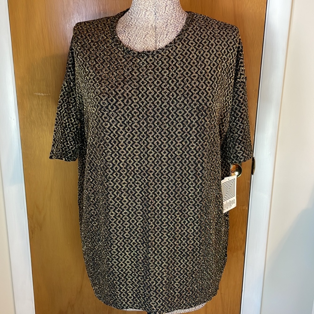 LuLaRoe NWT Gold Metallic Womens XS Irma Holiday Top Gold Shimmer & Black